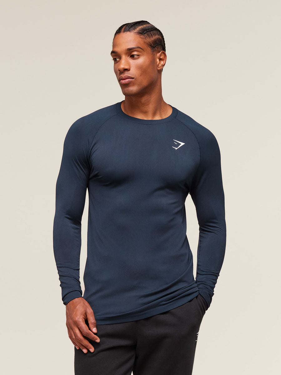 Gymshark Geo Seamless Long Sleeve T-Shirt — Navy/Heavy Blue — 4