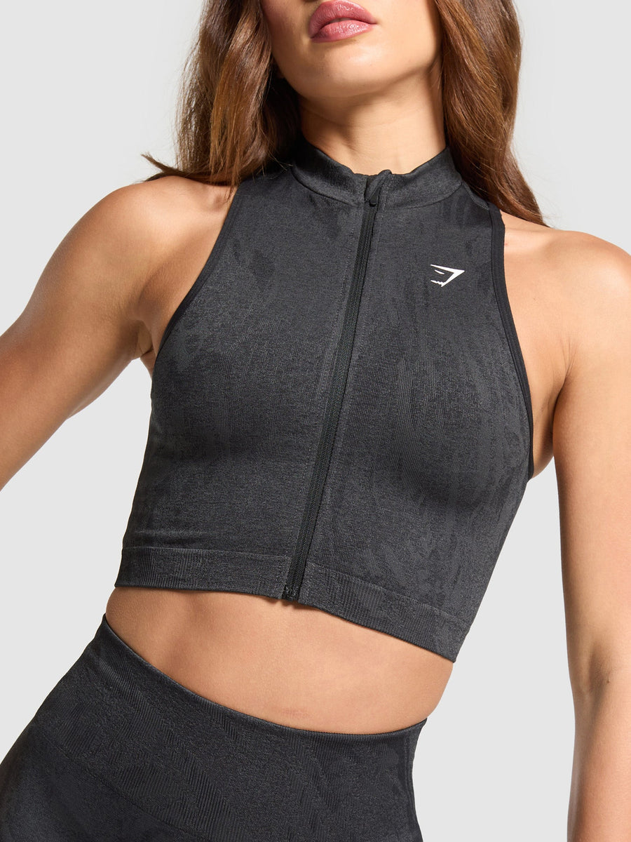 Gymshark Adapt Camo Seamless Zip Up Crop Top — Asphalt Grey/Black — 6