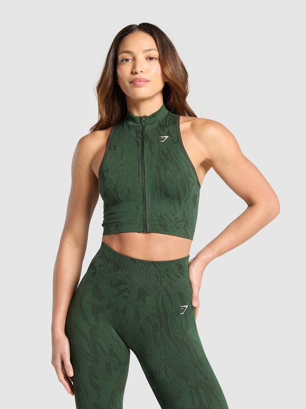 Gymshark Adapt Camo Seamless Zip Up Crop Top — Trail Green/Classic Green