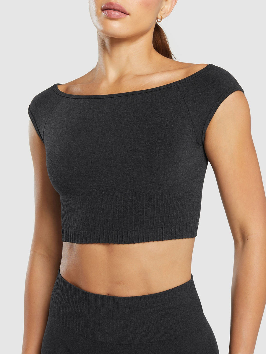 Gymshark Luxe Seamless Boat Neck Crop Top — Bros Coal Marl — 6