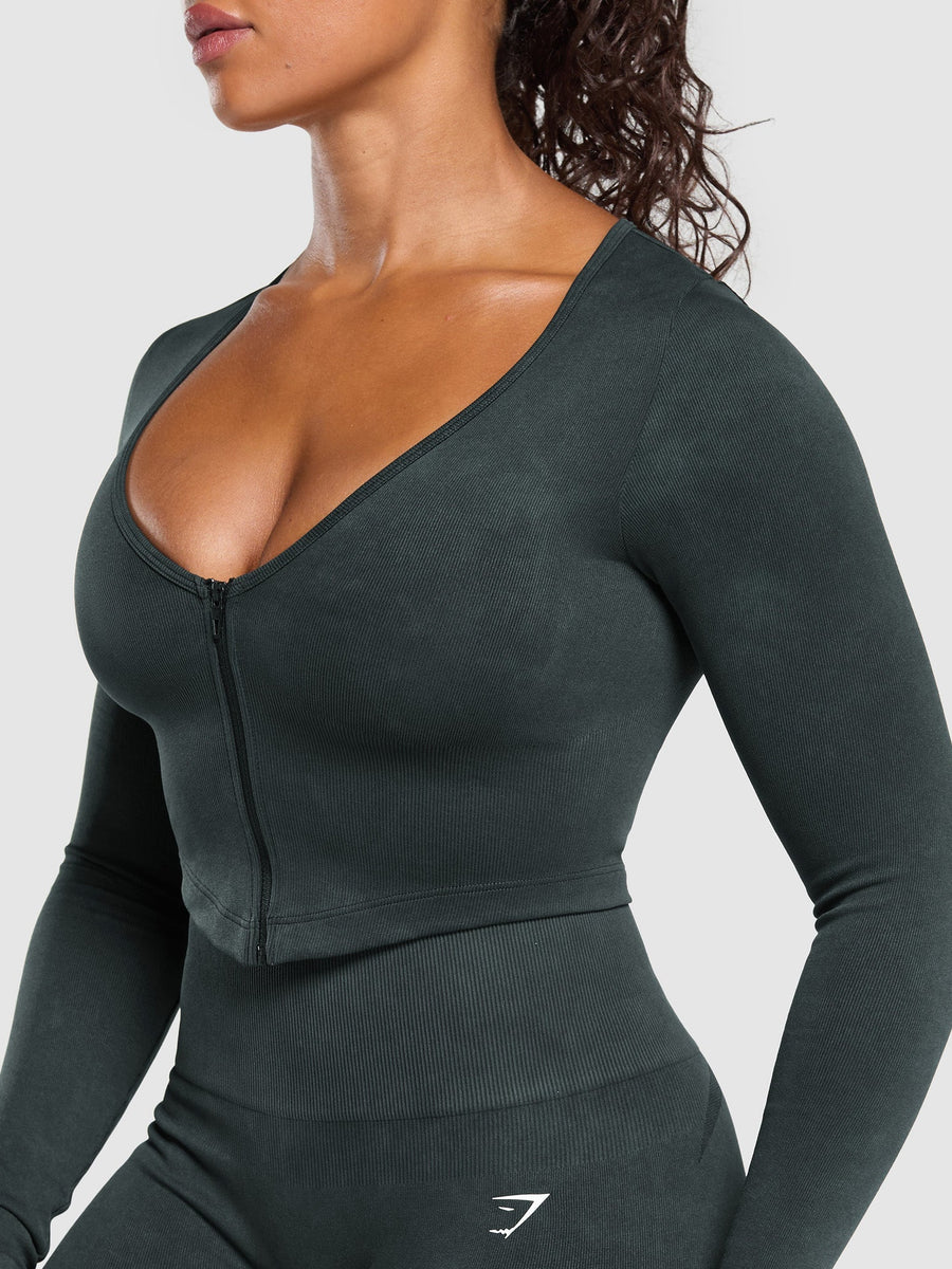Gymshark Gains Seamless Washed Zip Up Jacket — Black — 6