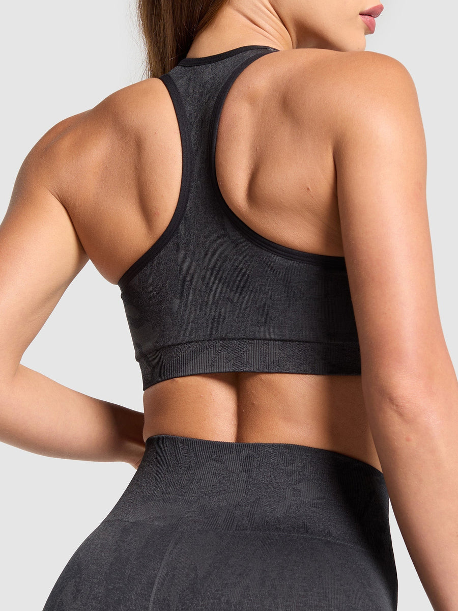 Gymshark Adapt Camo Racer Back Sports Bra — Asphalt Grey/Black — 6