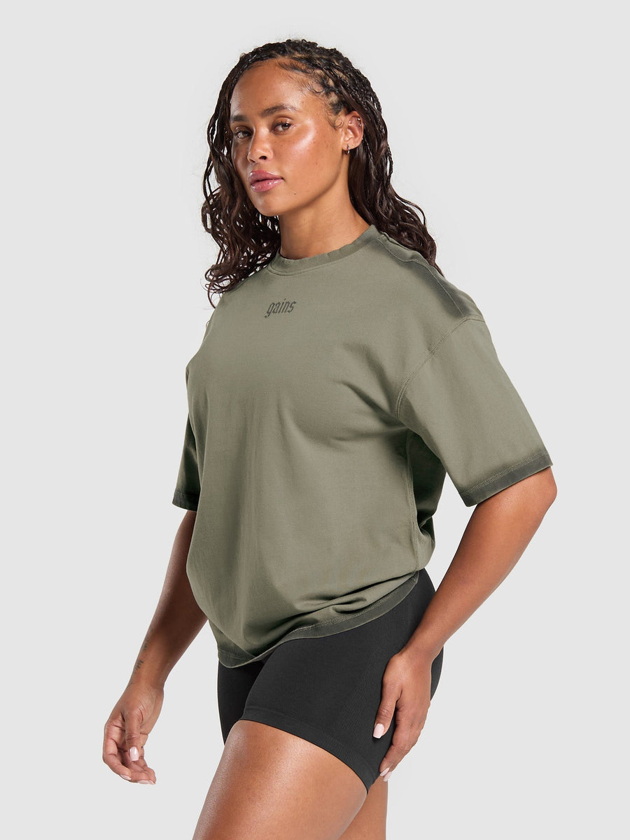 Gymshark Gains Washed Heavyweight Cotton T-Shirt — Base Green/Strength Green/Spray Dye — 3