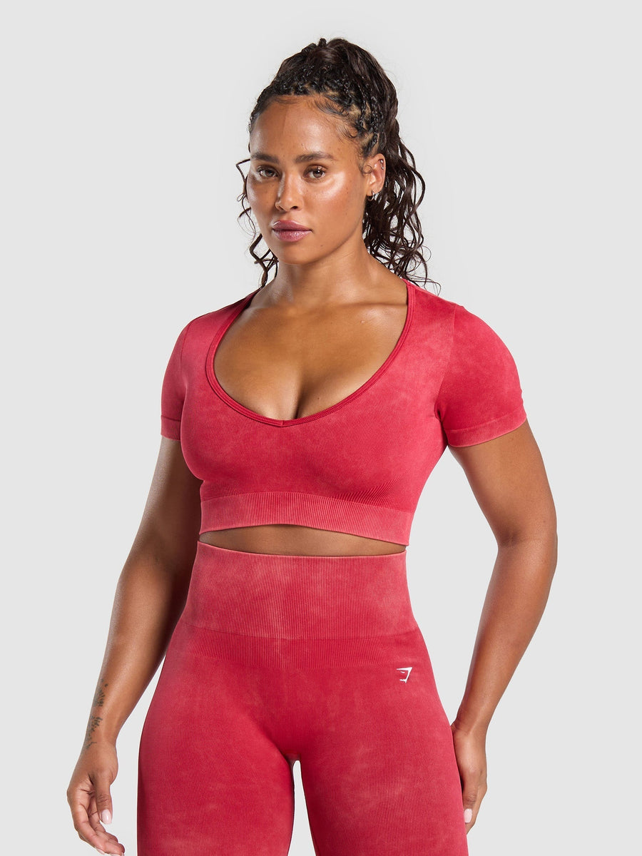 Gymshark Gains Seamless Washed Crop Top — Carmine Red/Wash — 1