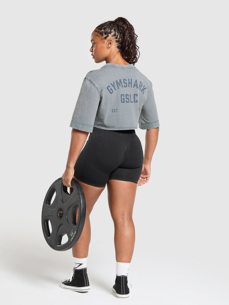 Gymshark 66 Washed Graphic Crop Top — Iron Blue/Wash — 4