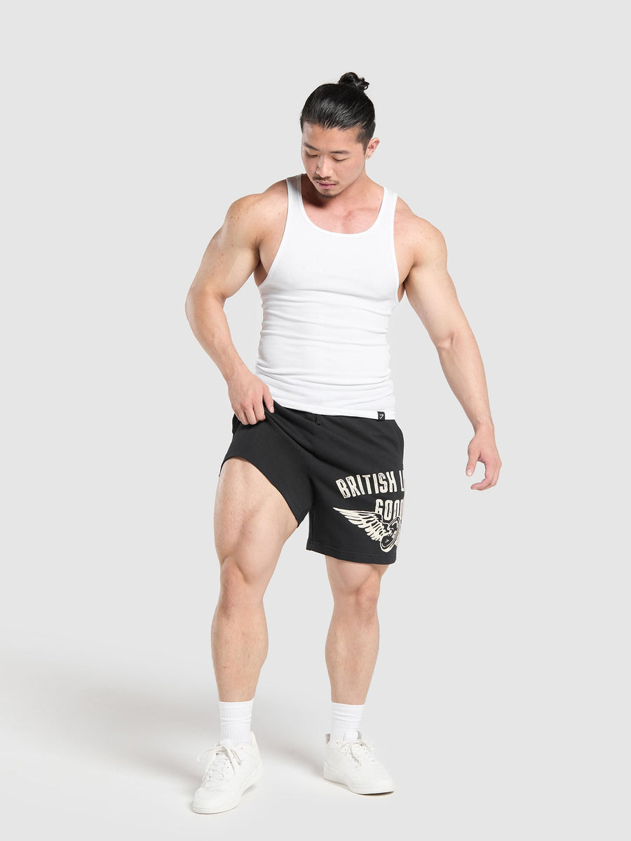Gymshark British Lifting Goods Graphic Shorts — Black — 6