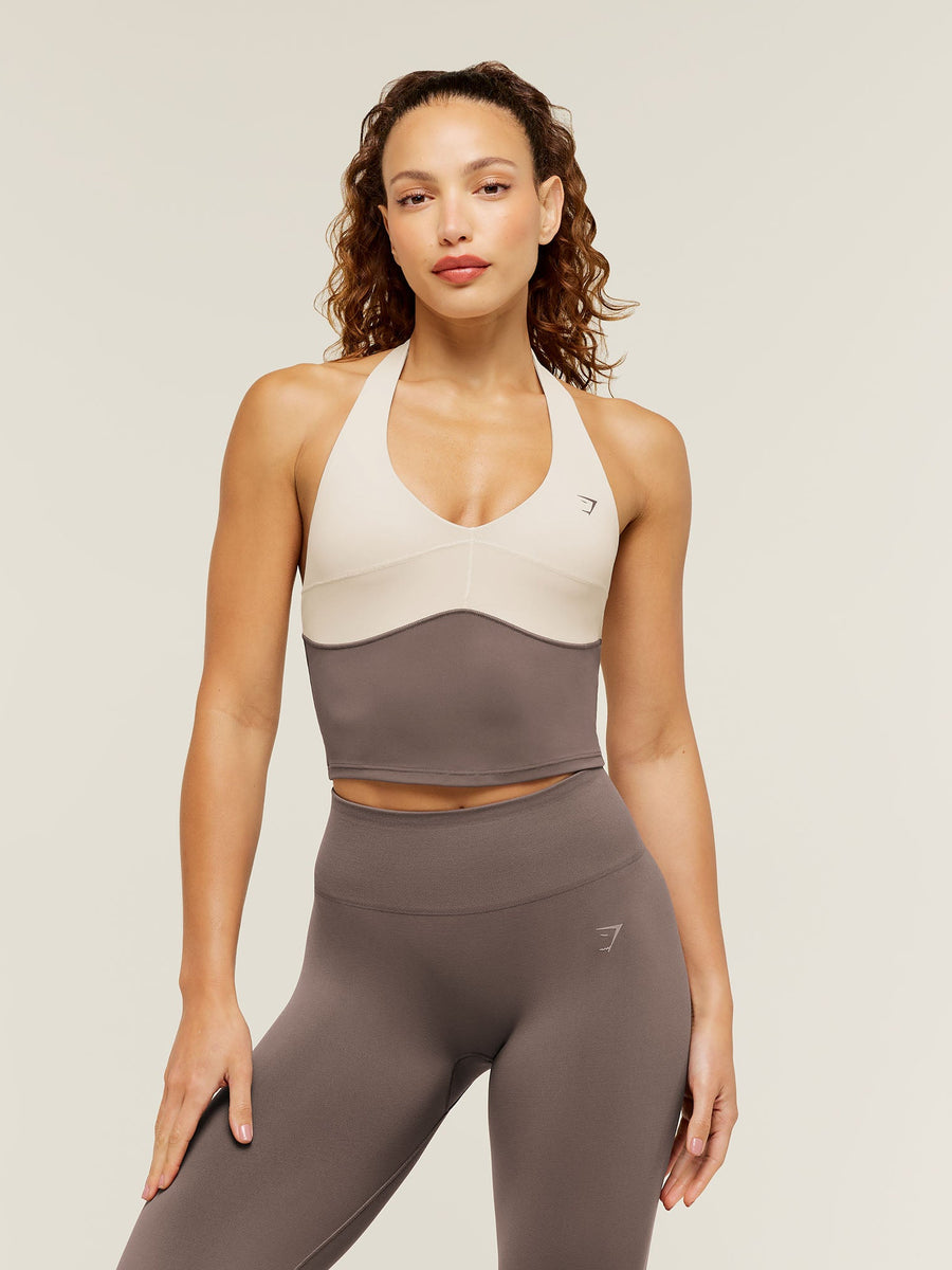 Gymshark Colour Block Halter Neck Tank With Shelf — Cool Brown/Pebble Grey — 1