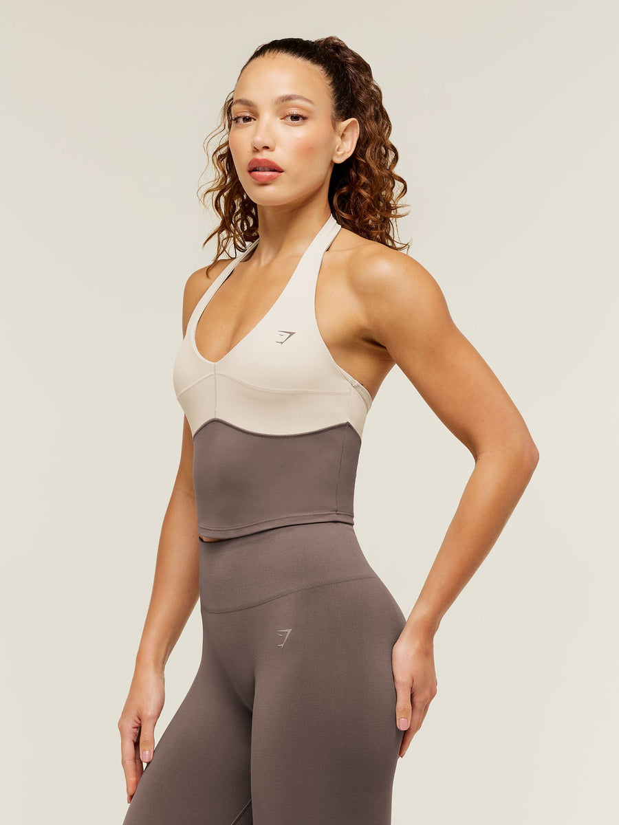 Gymshark Colour Block Halter Neck Tank With Shelf — Cool Brown/Pebble Grey — 3