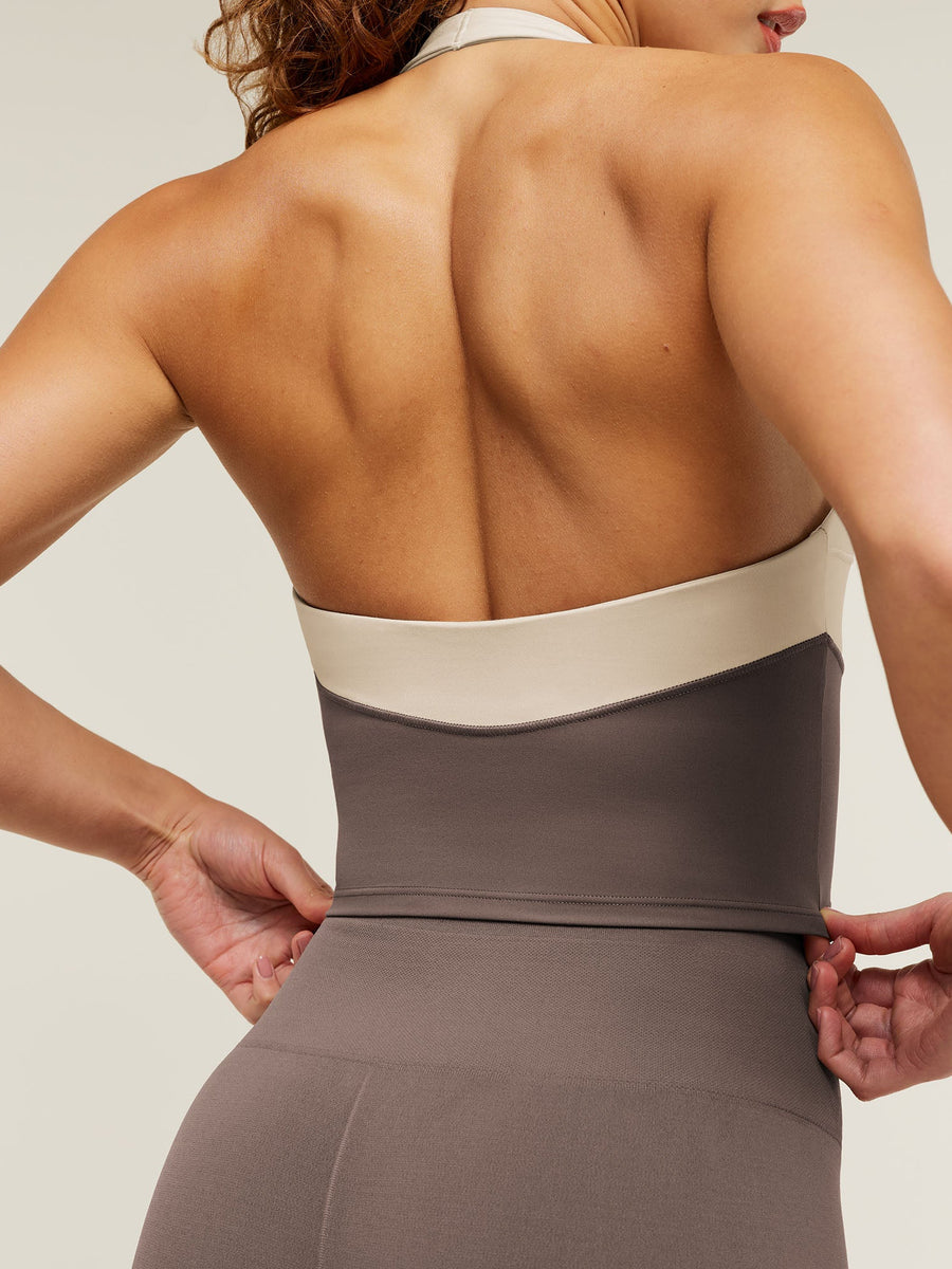 Gymshark Colour Block Halter Neck Tank With Shelf — Cool Brown/Pebble Grey — 5