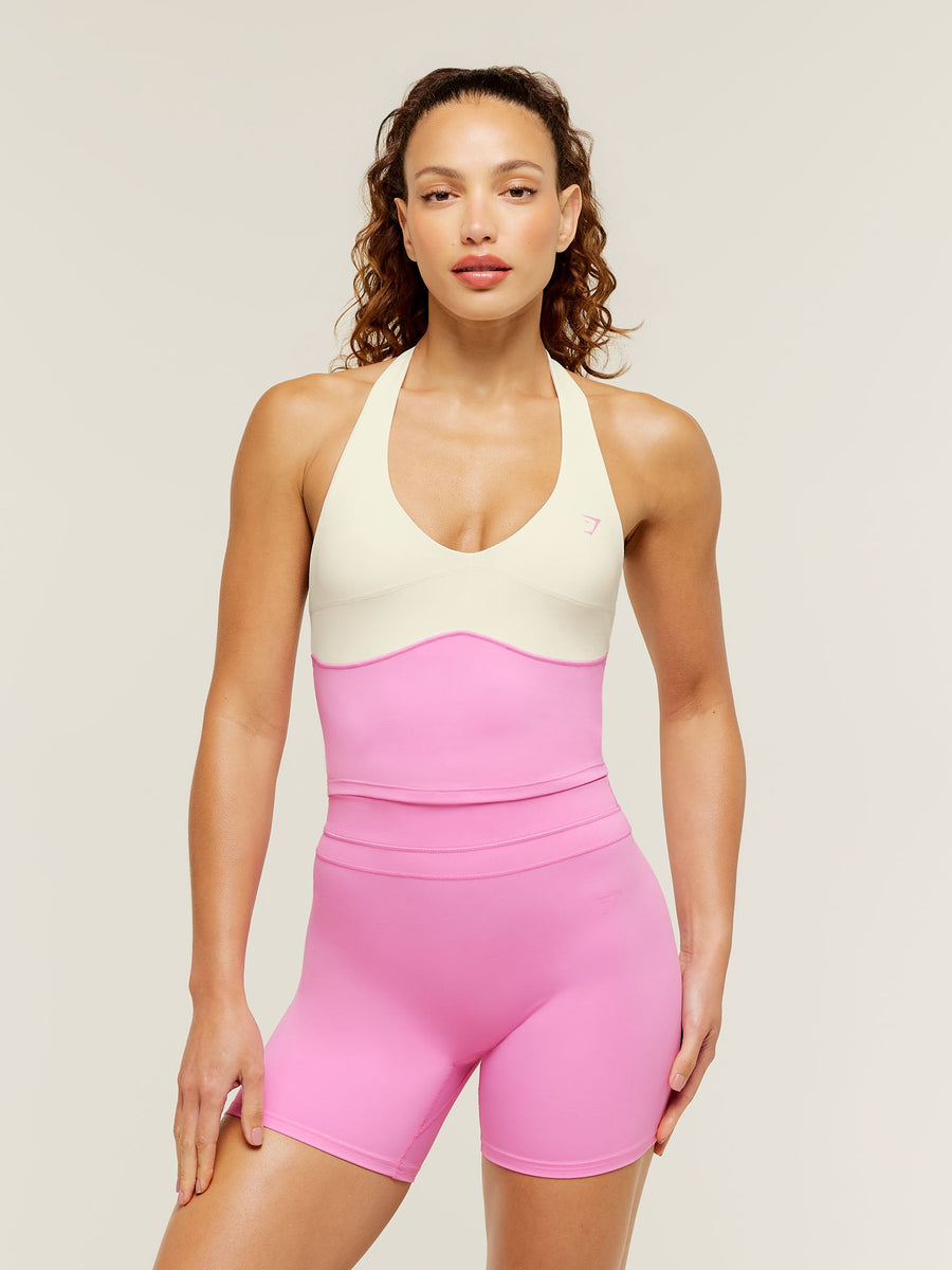 Gymshark Colour Block Halter Neck Tank With Shelf — Focus Pink/Soft White — 1