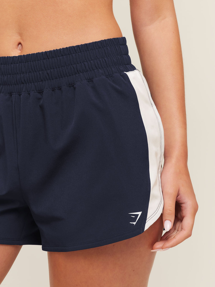 Gymshark Campus Woven Shorts — Heavy Blue/Soft White — 6