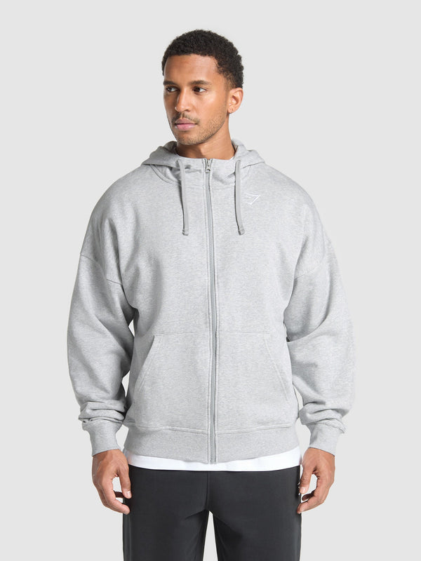 Gymshark Crest Oversized Zip Up Hoodie — Light Grey Core Marl