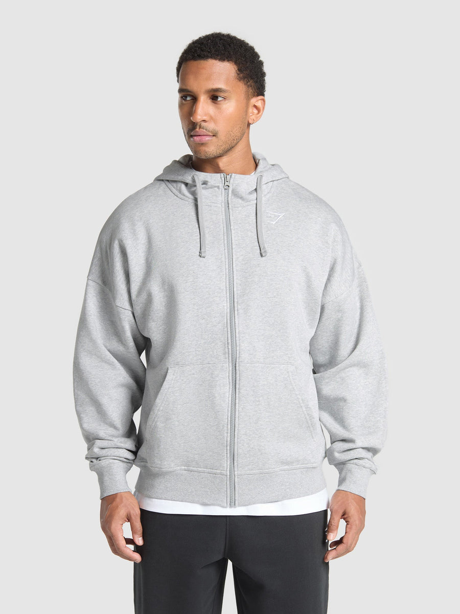 Gymshark Crest Oversized Zip Up Hoodie — Light Grey Core Marl — 1