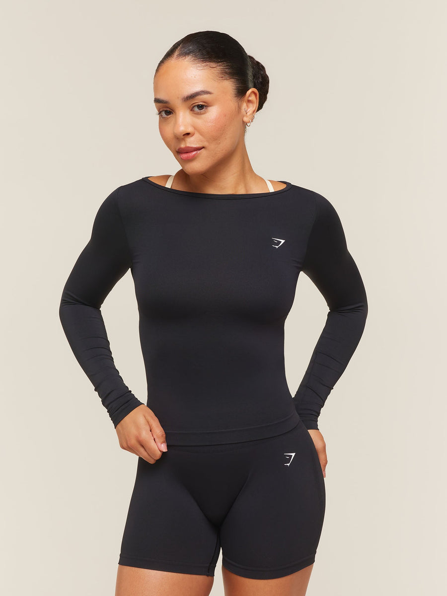 Gymshark Everyday Seamless Wide Neck Long Sleeve Top — Black — 1