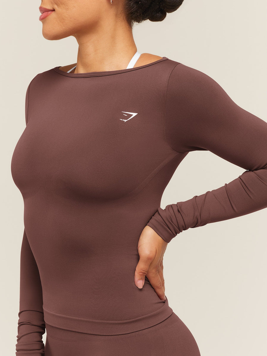Gymshark Everyday Seamless Wide Neck Long Sleeve Top — Espresso Brown — 4