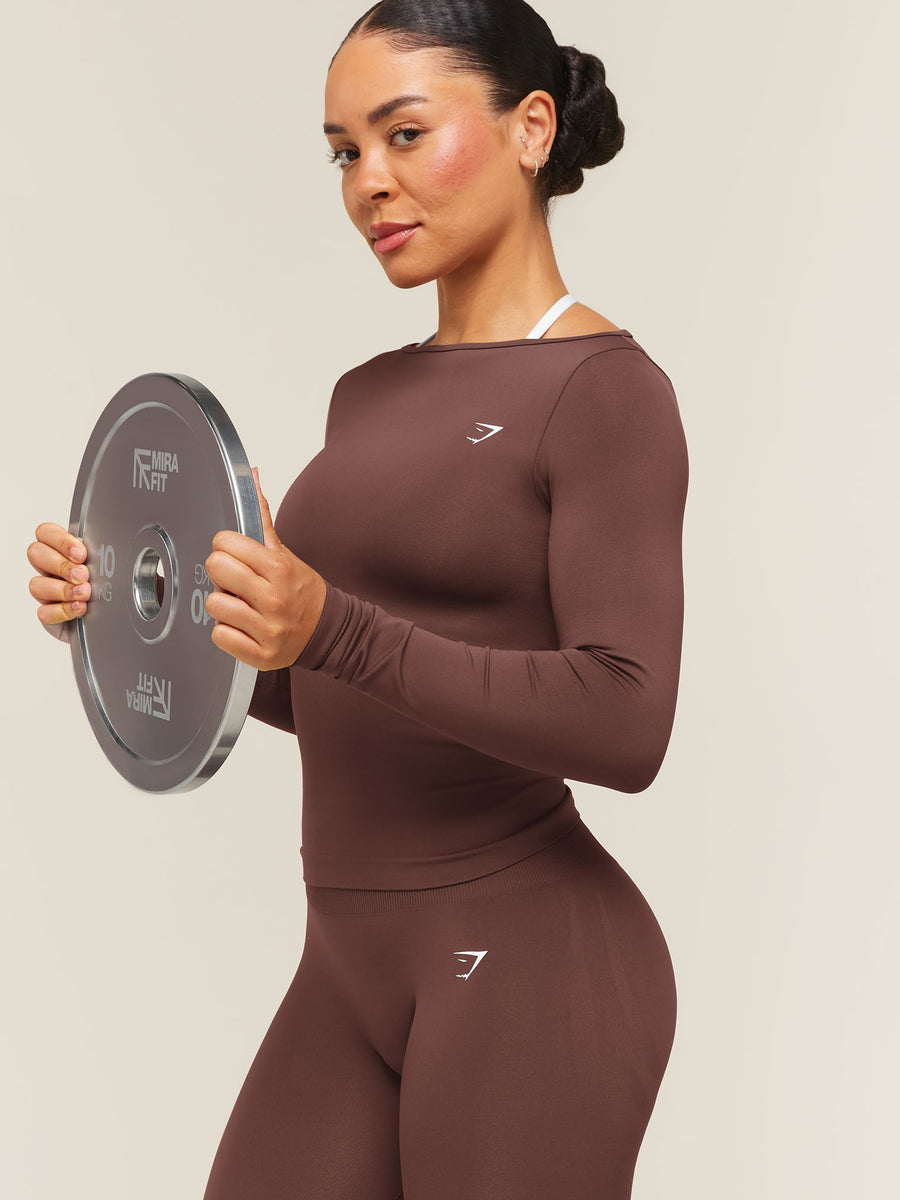 Gymshark Everyday Seamless Wide Neck Long Sleeve Top — Espresso Brown — 6