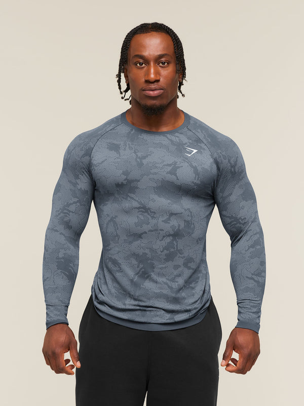 Gymshark Geo Seamless Long Sleeve T-Shirt — Shadow Blue/Tranquil Blue