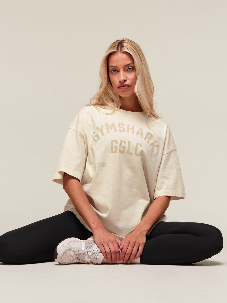 Gymshark 66 Washed Graphic Oversized T-Shirt — Oat White/Wash — 6