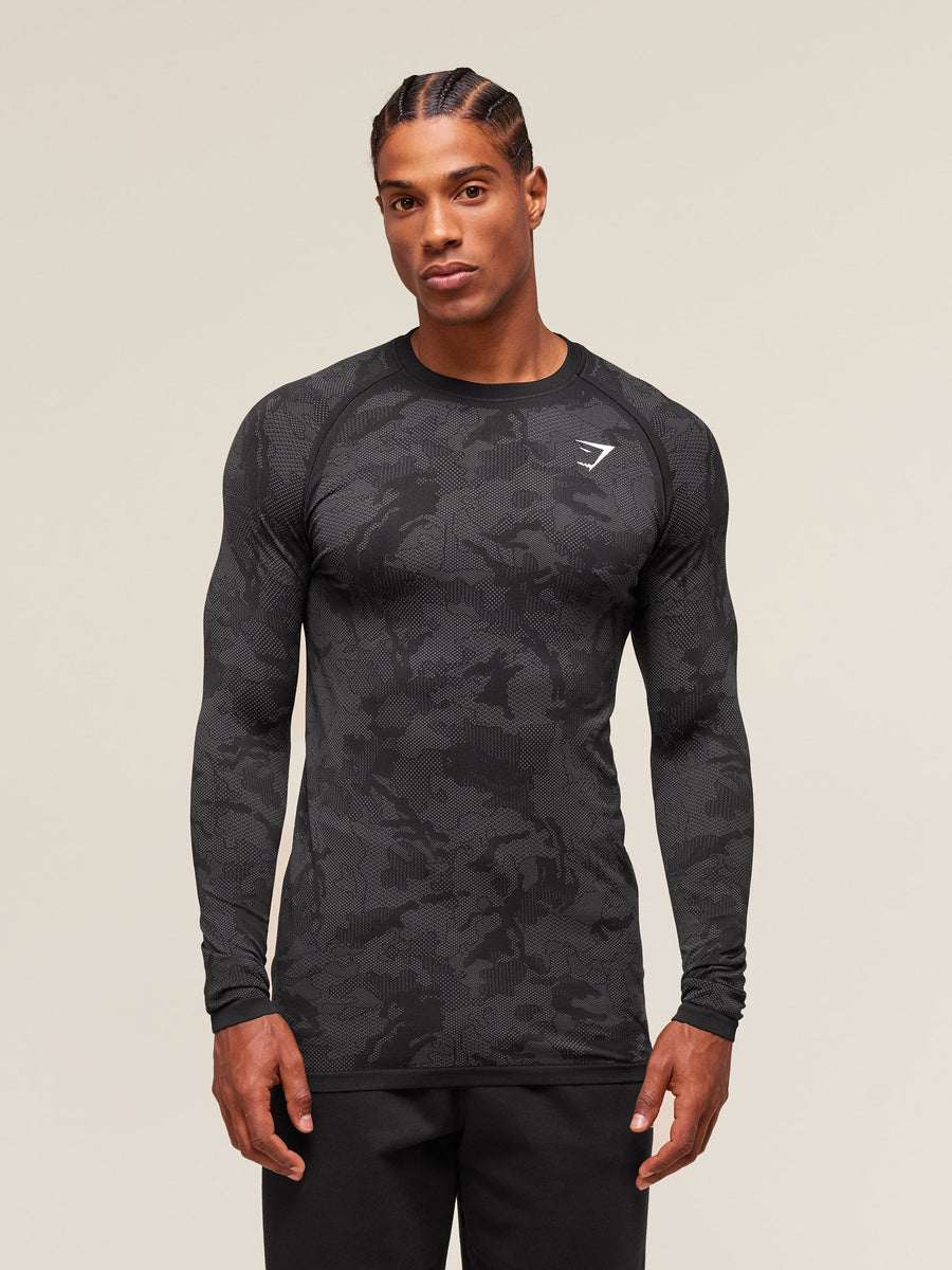 Gymshark Geo Seamless Long Sleeve T-Shirt — Black/Charcoal Grey — 4