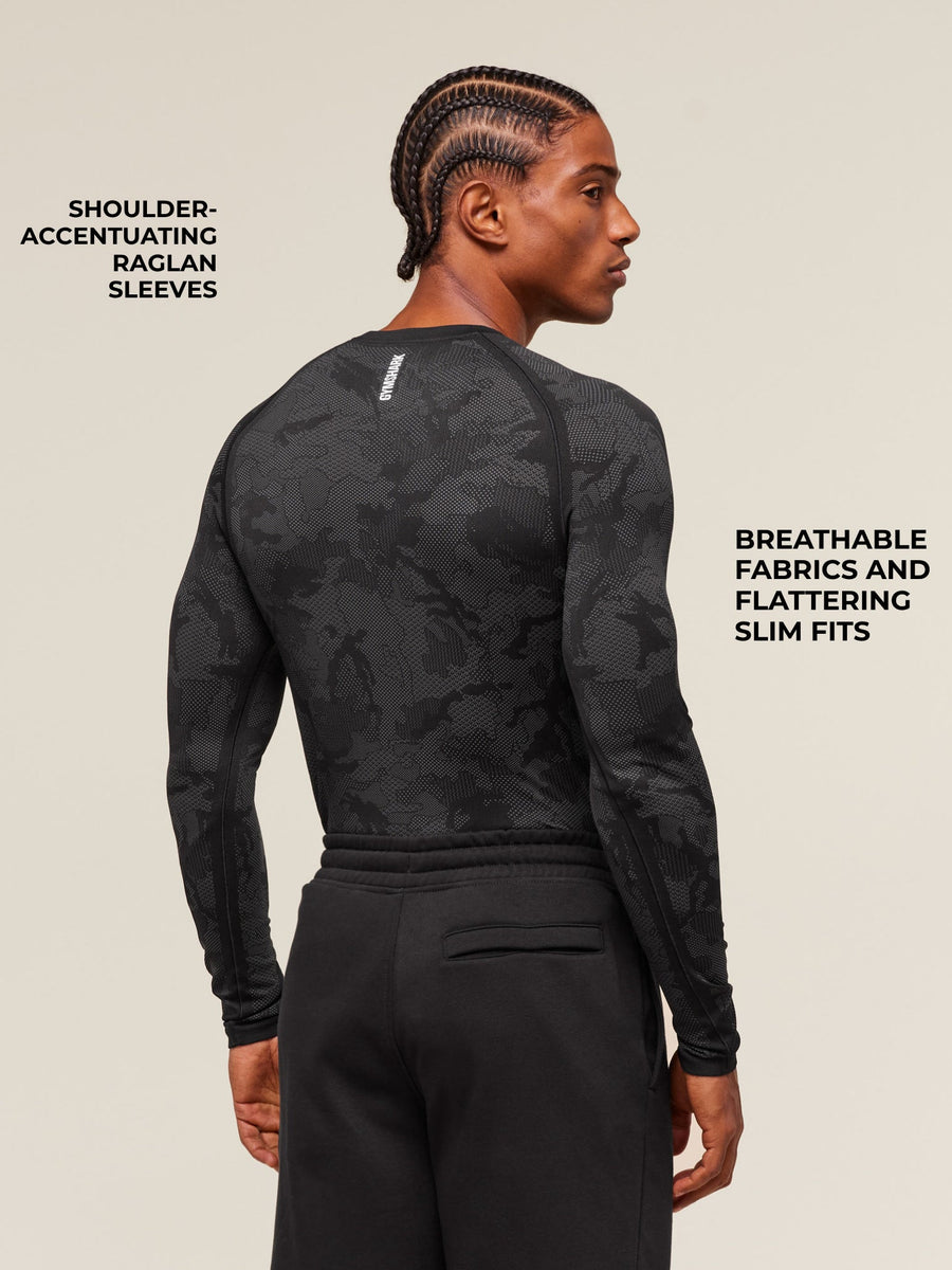 Gymshark Geo Seamless Long Sleeve T-Shirt — Black/Charcoal Grey — 2