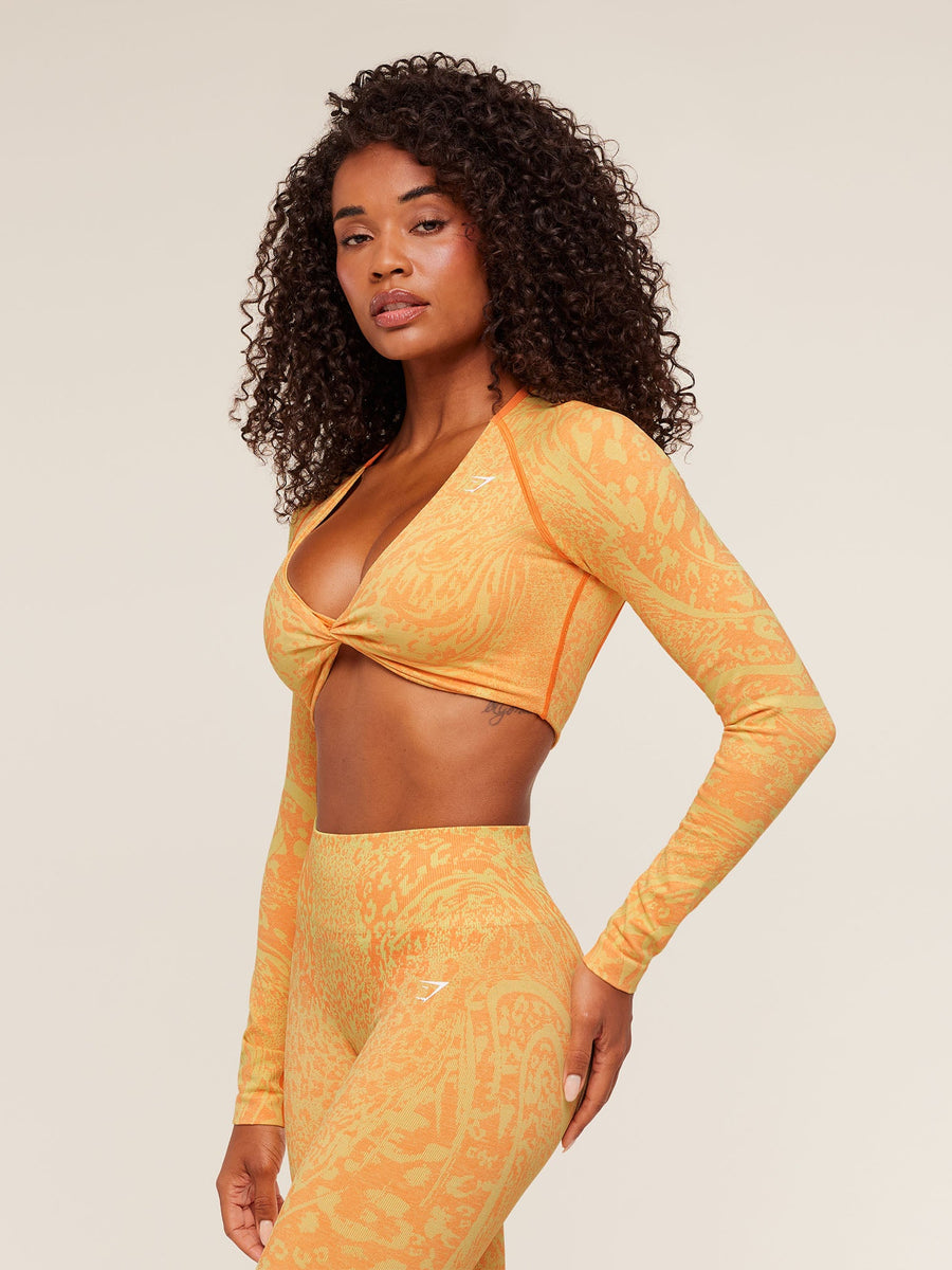 Gymshark Adapt Animal X Whitney Long Sleeve Crop Top — Sorbet Yellow /  Dayglow Peach — 4