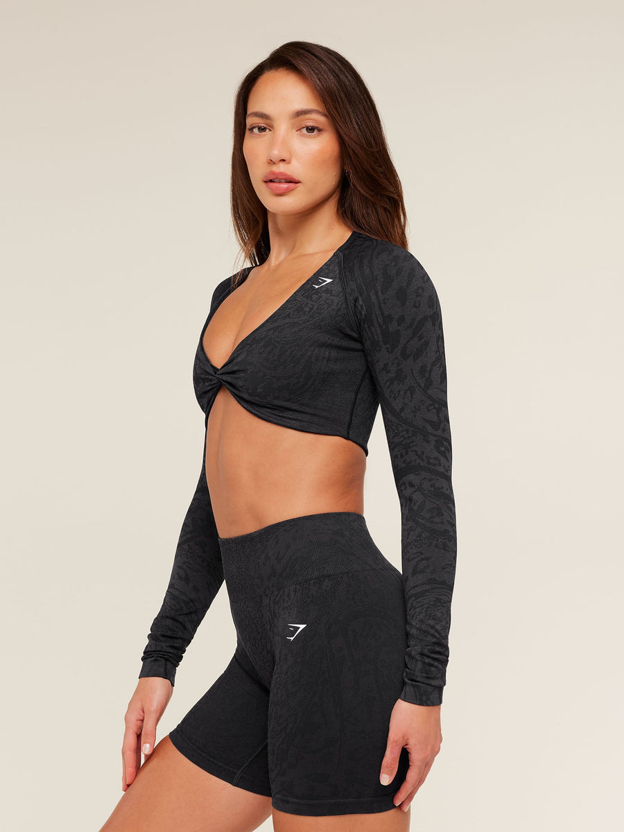 Gymshark Adapt Animal X Whitney Long Sleeve Crop Top — Black/Asphalt Grey — 4