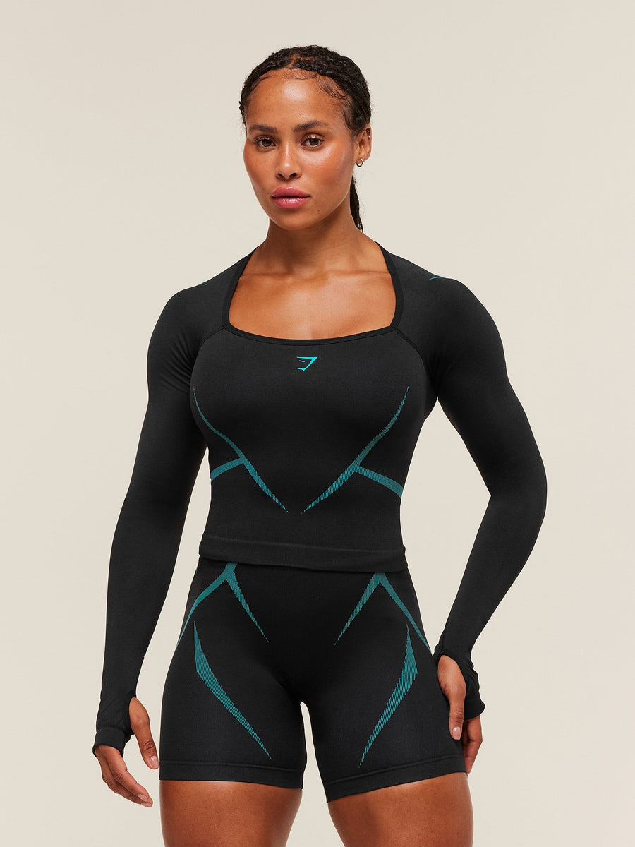 Gymshark Apex Lift Seamless Long Sleeve Crop Top — Black/Brand Blue — 1