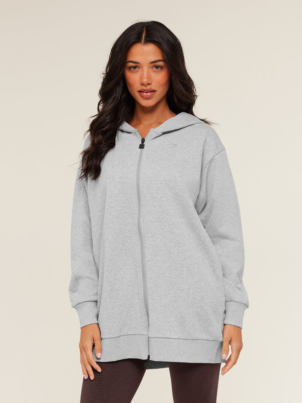 Gymshark Covered Longline Zip Up Hoodie — Light Grey Core Marl