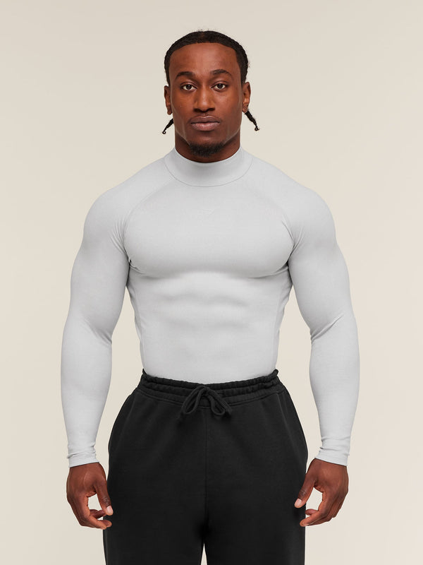 Gymshark Element Baselayer Mock Neck Long Sleeve T-Shirt — White/Metal Grey Marl