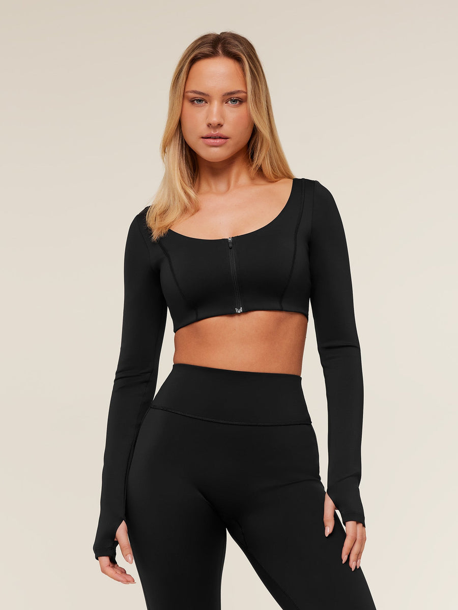 Gymshark Flow Long Sleeve Crop Top with Cups — Black — 1
