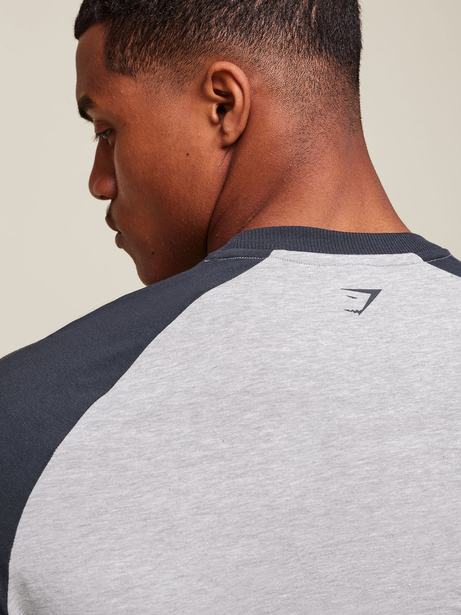 Gymshark Collegiate Raglan 3/4 Sleeve T-Shirt — Light Grey Core Marl/Heavy Blue — 6