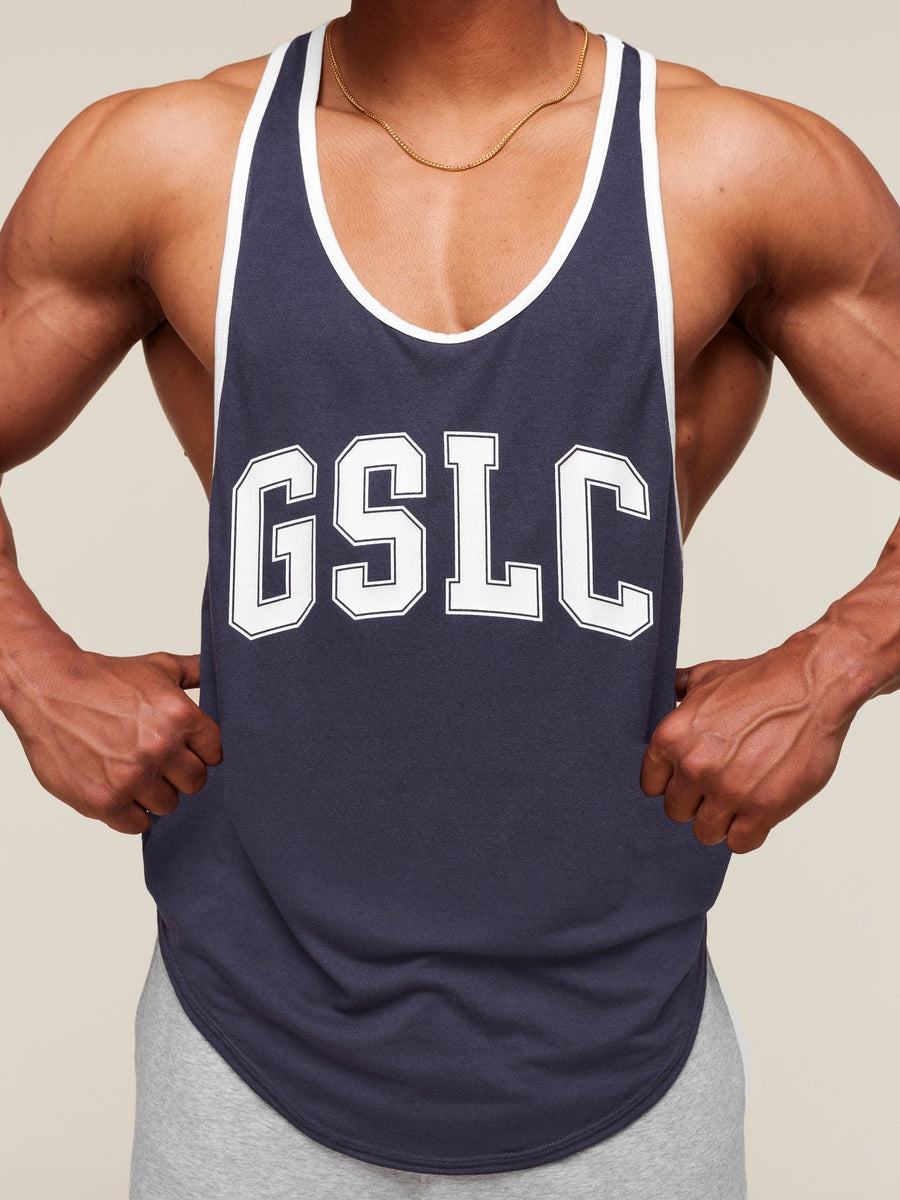 Gymshark Collegiate Ringer Stringer — Heavy Blue — 8