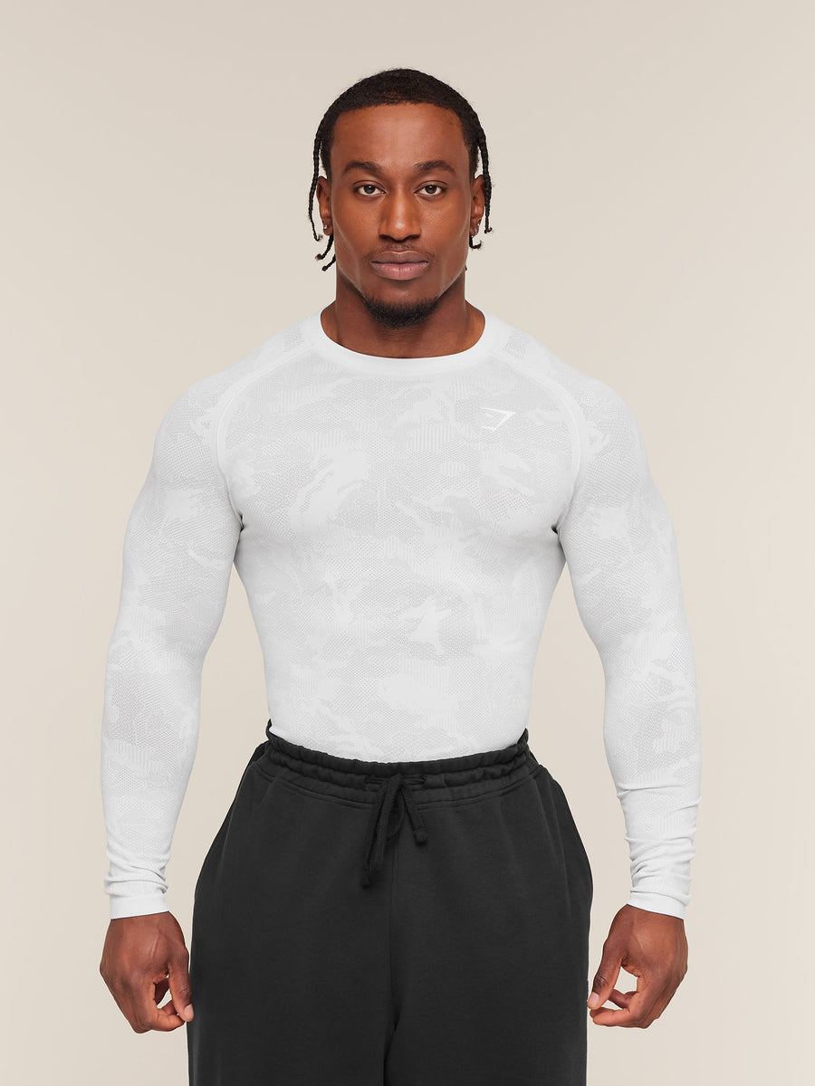 Gymshark Geo Seamless Long Sleeve T-Shirt — White/Light Grey — 1