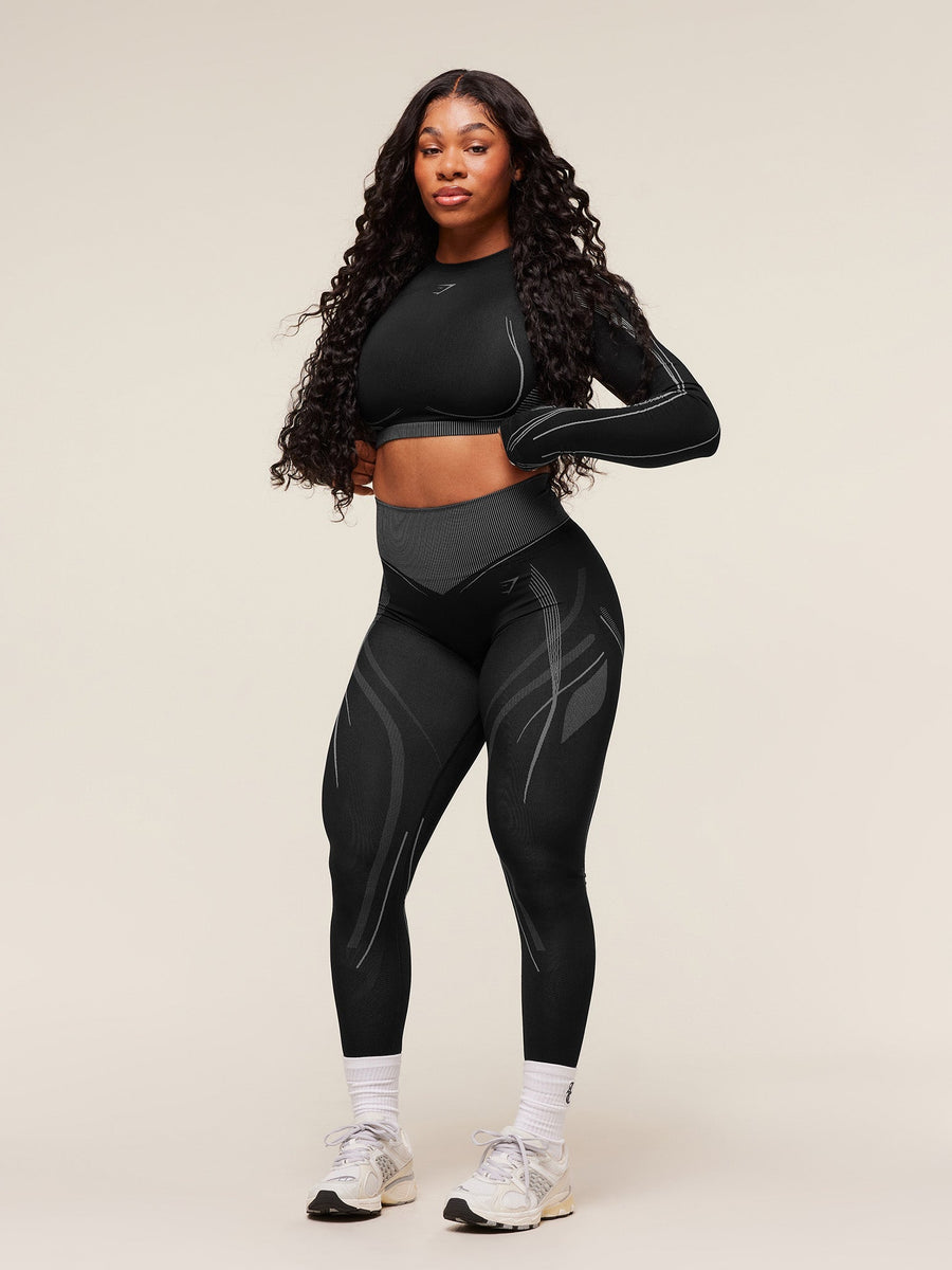 Gymshark x Analis Seamless Long Sleeve Crop Top — Black/Silver Grey — 6