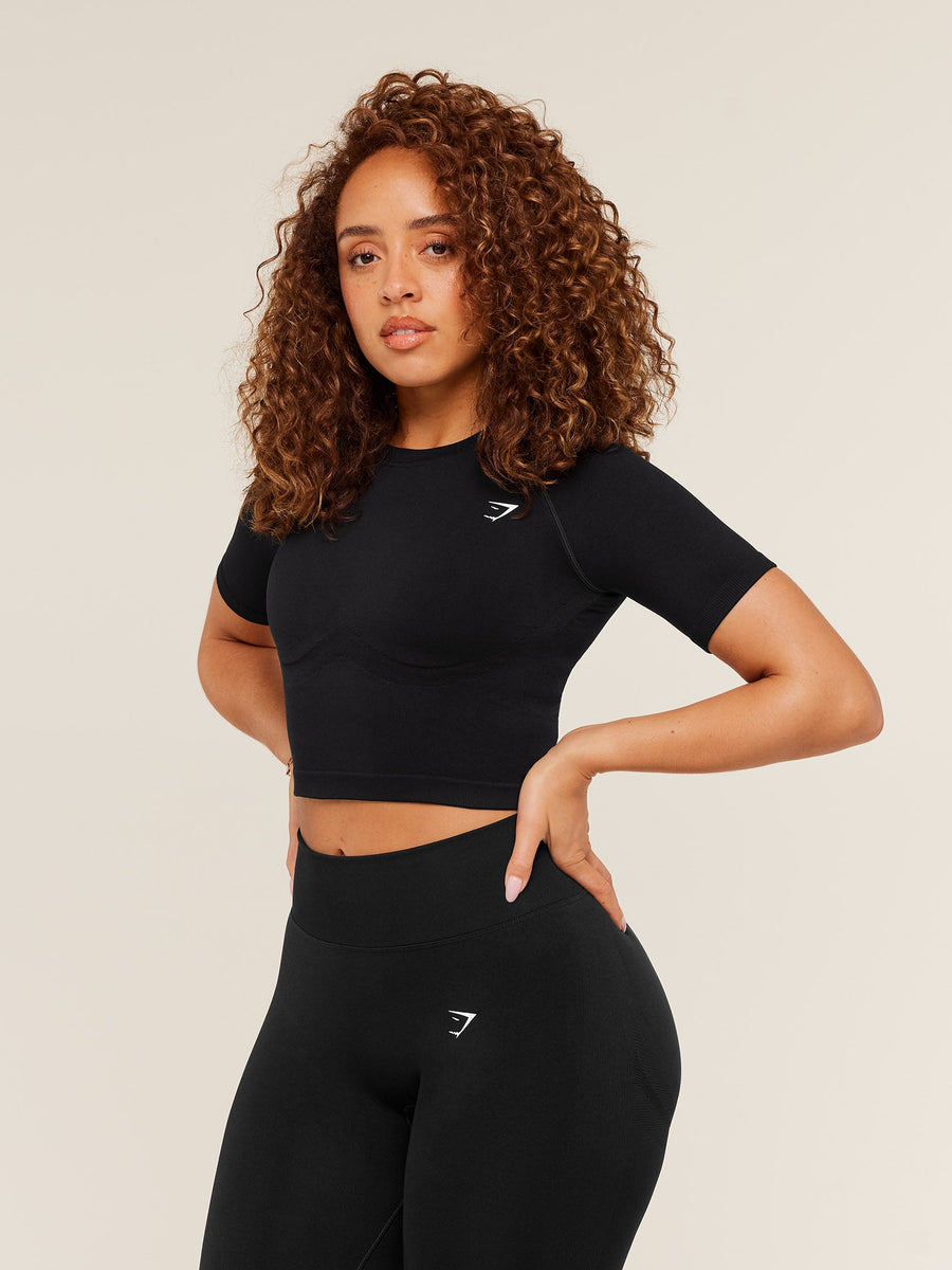 Gymshark Lift Seamless Short Sleeve Top — Black/Black Marl — 4