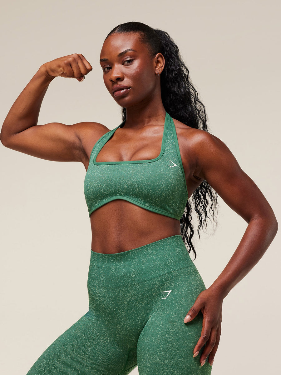 Gymshark Adapt Fleck x Whitney Halterneck Sports Bra — Lift Green/Clay Green — 6