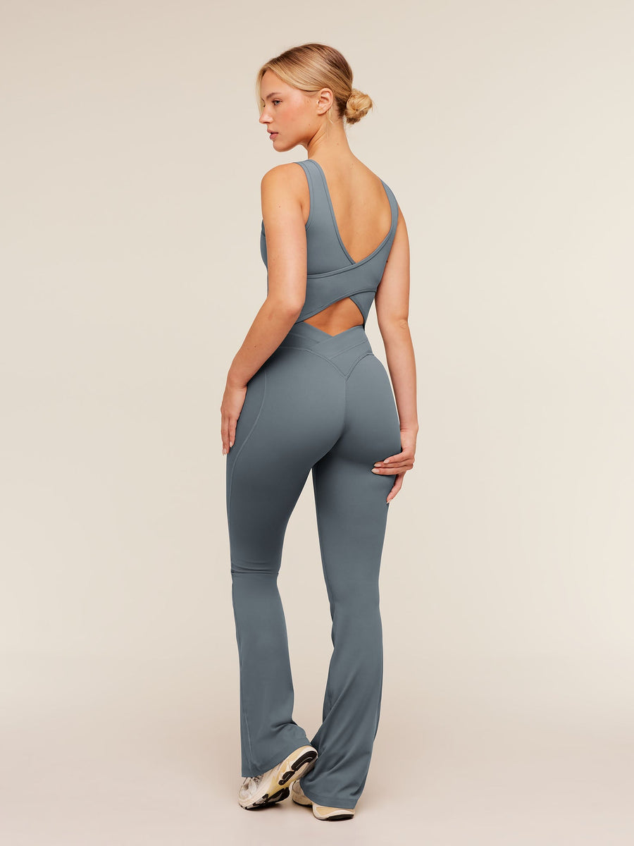 Gymshark Crossover Back Flared Leggings — Iron Blue — 6