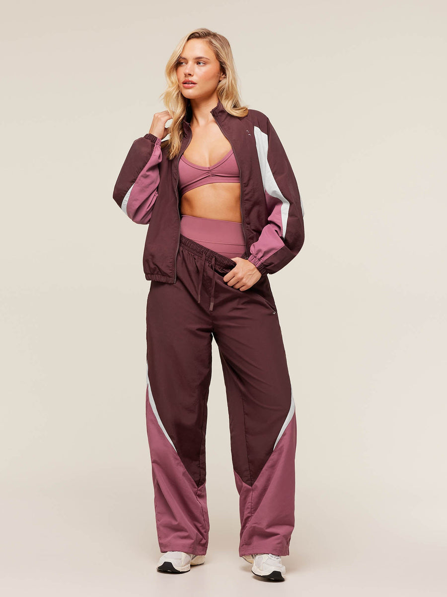 Gymshark Contrast Track Pants — Rich Maroon/Reset Pink/Oat White — 6